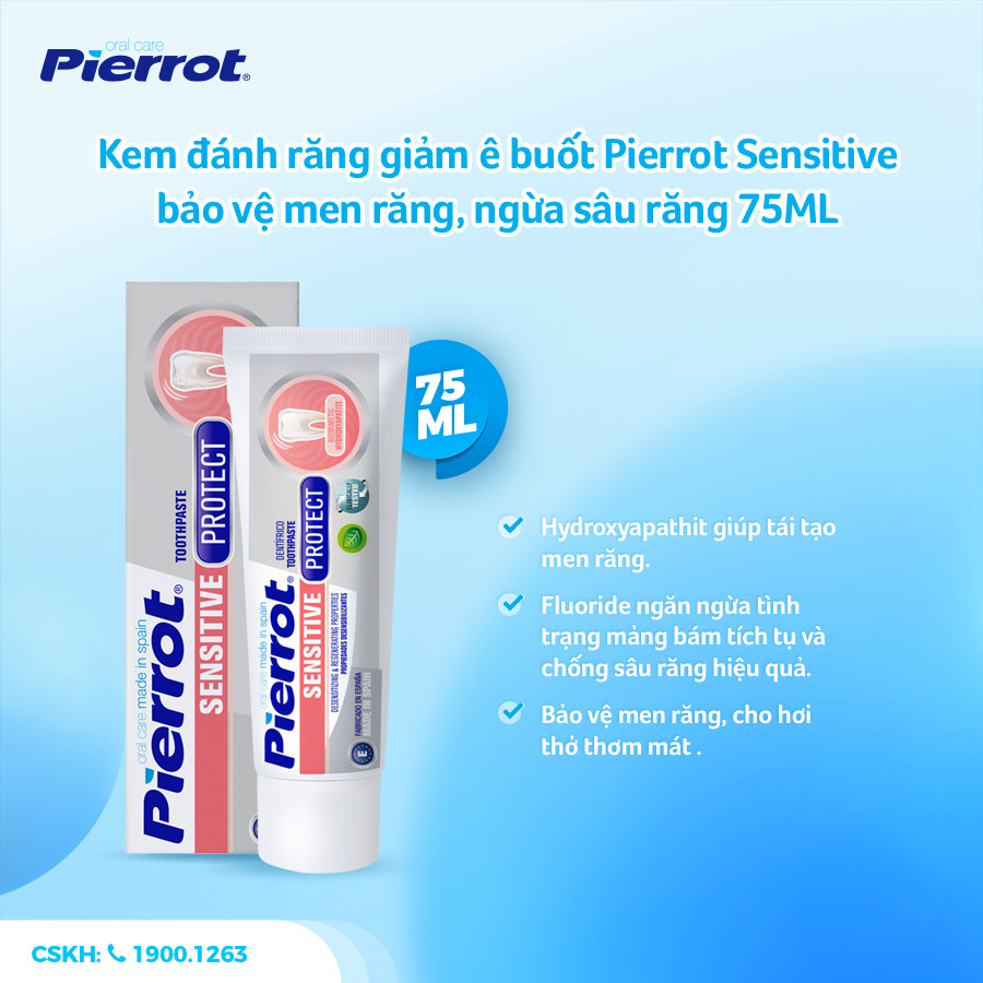 Kem đánh răng giảm ê buốt Pierrot Sensitive bảo vệ men răng, ngừa sâu răng 75ML