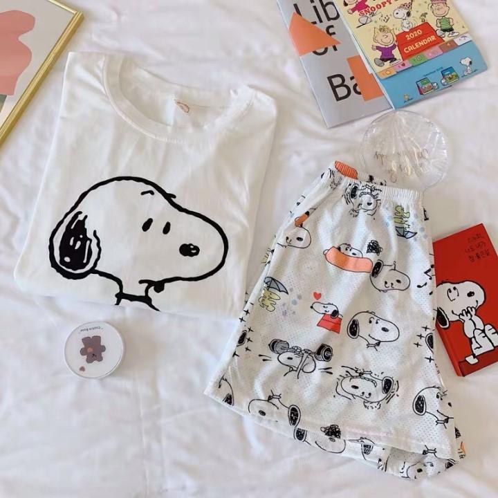 Bộ đồ ngủ mặc nhà thun hình Con Bò sữa, Snoopy, Gấu Pooh- Set đồ mặc nhà áo cộc màu trắng siêu yêu B049