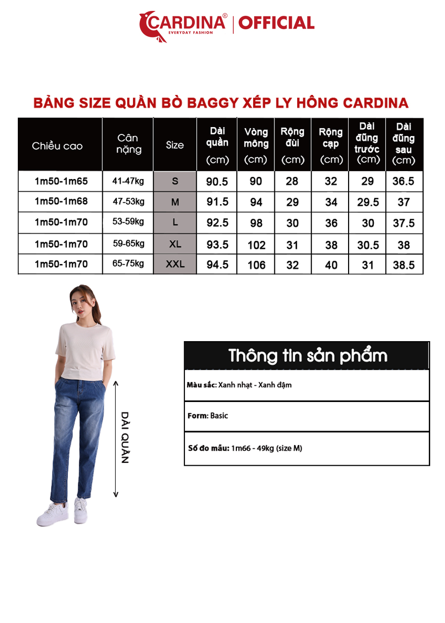 Quần Jeans Nữ CARDINA Cao Cấp Dáng Baggy Cài Khuy Có Khóa Kéo 2Q12