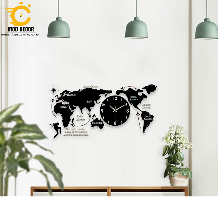 Đồng Hồ Treo Tường Hình Map màu đen decor phòng khách sang trọng BDD