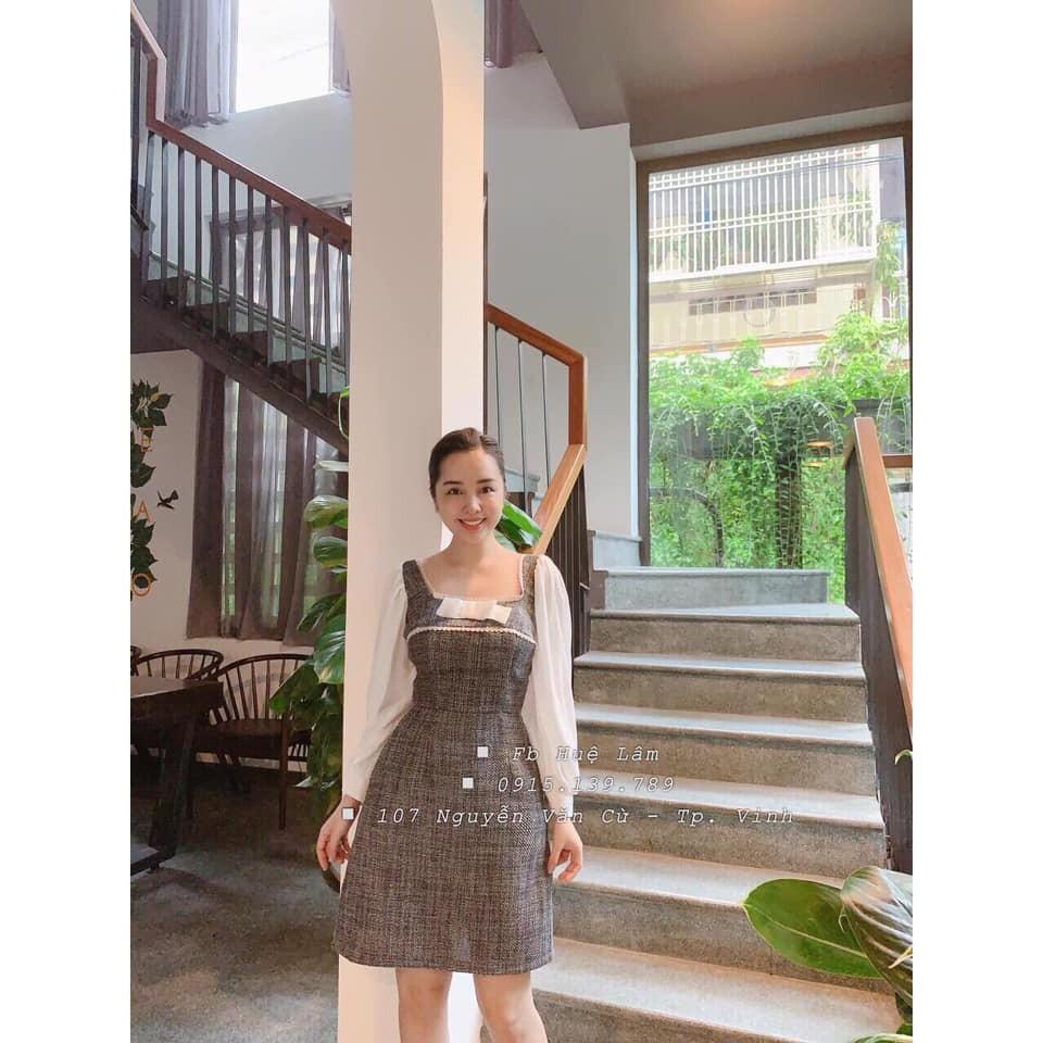 Váy dạ tweed tay voan nơ ngực