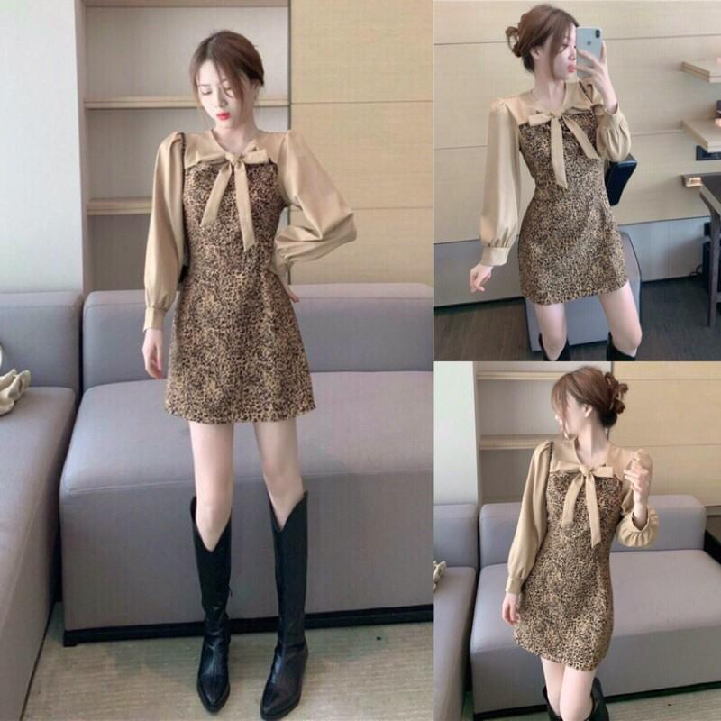 Đầm beo suông ôm nhẹ nơ cổ tay phồng S.MLXL