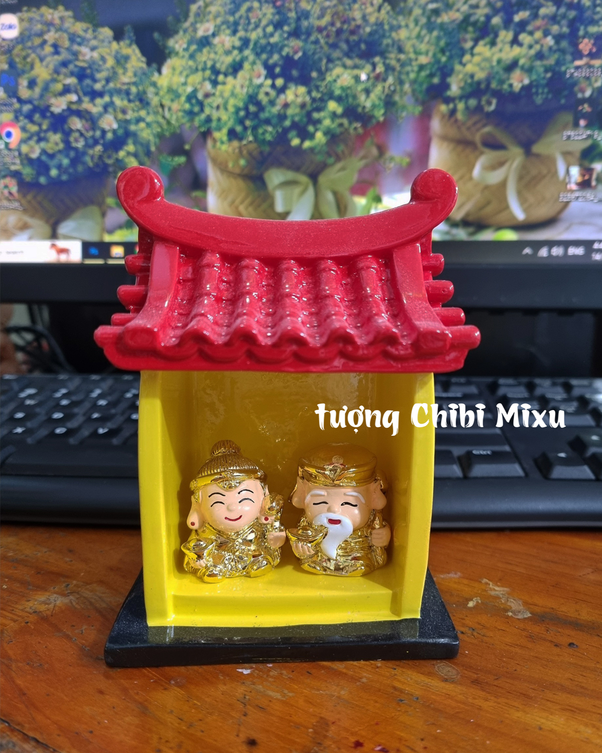 Miếu Ông Bà Tài - Lộc (gồm miếu size đại + Ông Thần Tài + Bà Lộc) mô hình bàn thờ Thần Tài mini