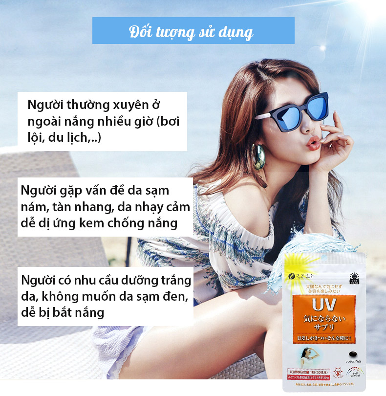 Viên uống chống nắng UV Fine Japan giúp bảo vệ da tối ưu, dưỡng sáng làn da, hạn chế sạm nám và tàn nhang, tăng cường sức khỏe làn da JN-UV01