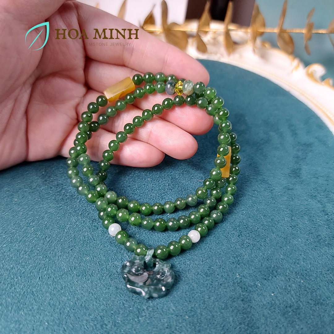 Vòng chuỗi 108 hạt Ngọc Bích Nephrite size 5 li phối Charm Khoá Trường Mệnh Lam Ngọc phong thủy bình an, tài lộc
