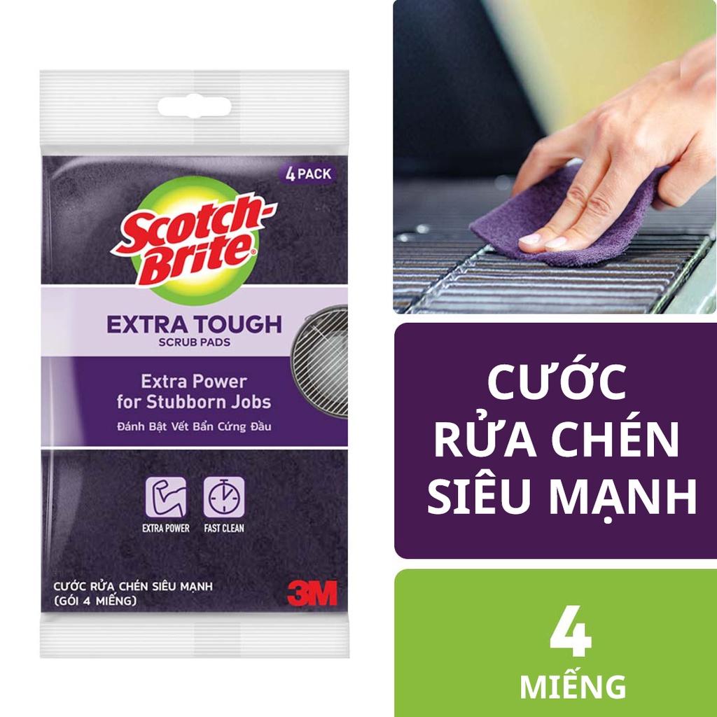 Gói 4 Miếng Cước Cọ Rửa Siêu Mạnh 3M Scotch Brite Thế Hệ Mới-Đánh Tan Mọi Vết Cháy Bẩn Của Nồi,Niêu,Xoong,Chảo,Vỉ Nướng