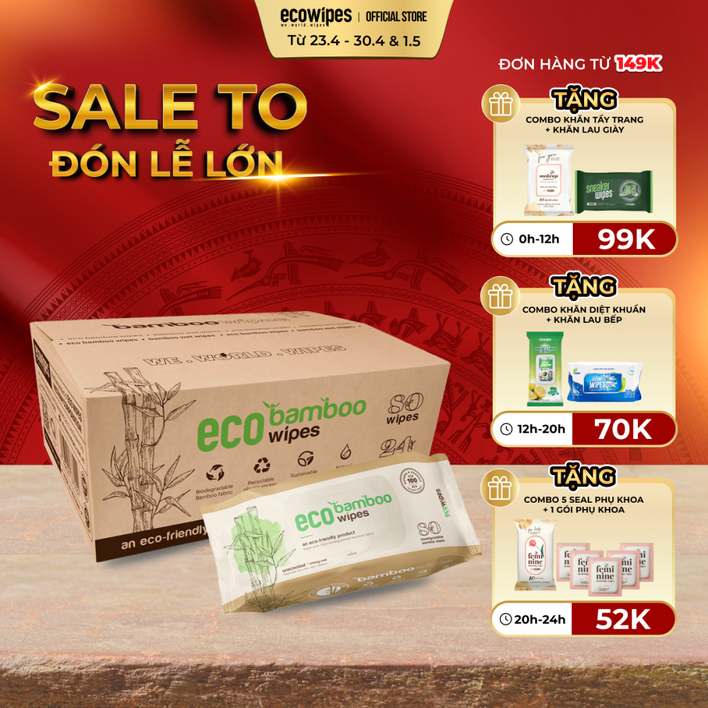 Thùng 24 gói khăn giấy ướt cao cấp EcoWipes Bamboo gói 80 tờ vải sợi tre sinh thái không mùi có thể phân hủy