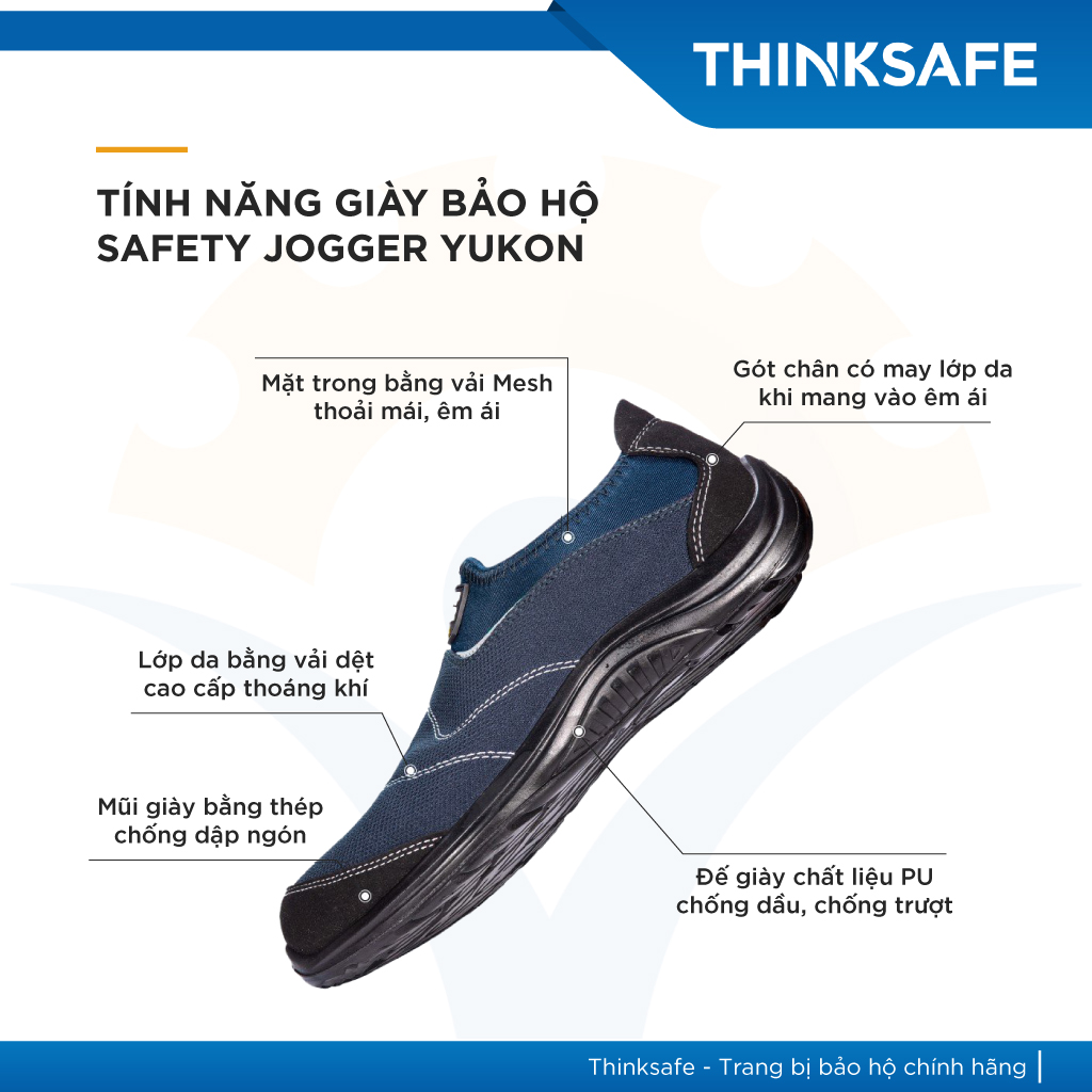 Giày bảo hộ lao động nam Jogger Yukon siêu nhẹ, thoáng khí, chống dập ngón, chống trượt, không dây - Thinksafe