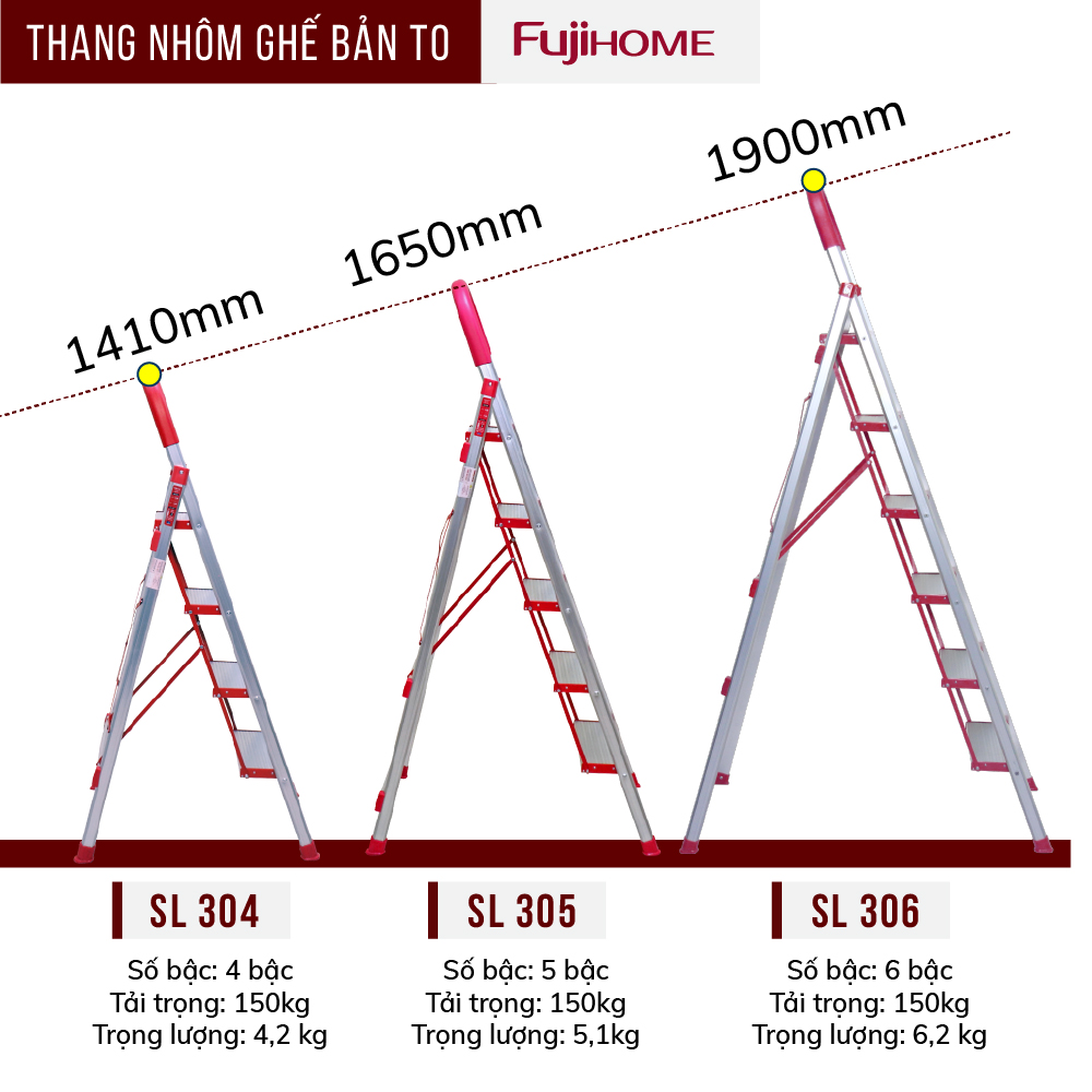 Thang ghế nhôm chữ A tay vịn bản to 6 bậc 1,9m xếp gọn Nhật Bản Fujihome chống trượt, Ghế thang chữ A thắp nhang gia đình đa năng rút gọn inox 1m9 mét step stool ladder