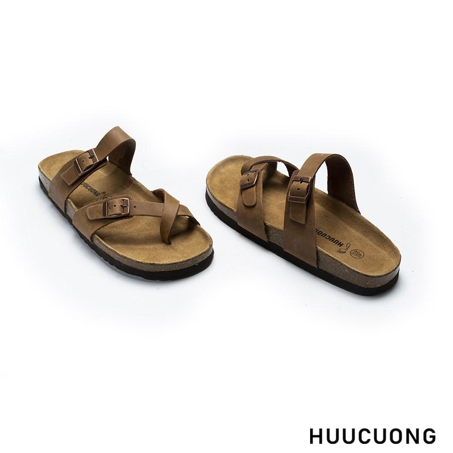 Dép unisex HuuCuong xỏ ngón da bò nâu đế trấu