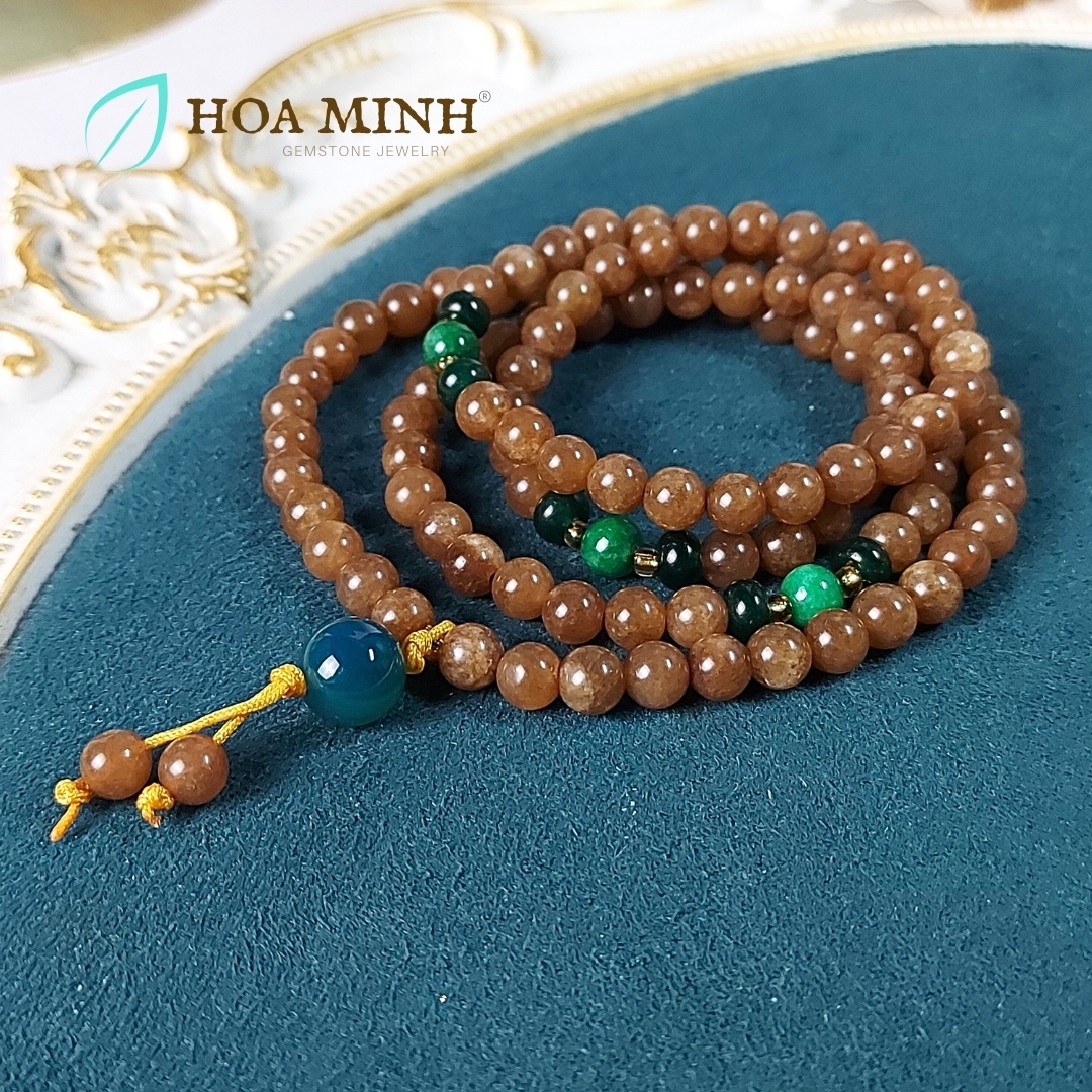 Vòng tay chuỗi 108 hạt đá Mã Não màu nâu ngọc hoà điền size 6.5 li phối bánh xe mã não, cẩm thạch sơn thủy, tài lộc bình an