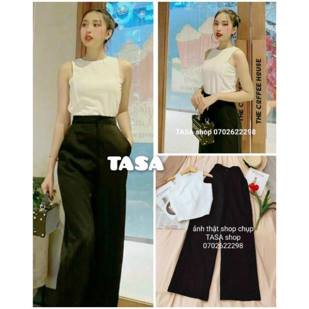 TBO- Set bộ áo trắng sát cánh mix quần đen dài ống rộng, sét bộ y hình quá đẹp TASA