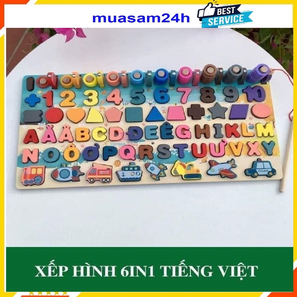 Đồ Chơi Gỗ, Bảng Chữ Cái 6in1, Đồ Chơi Câu Cá, Ghép Hình Học, Chữ Số, Chữ Cái, Phương Tiện