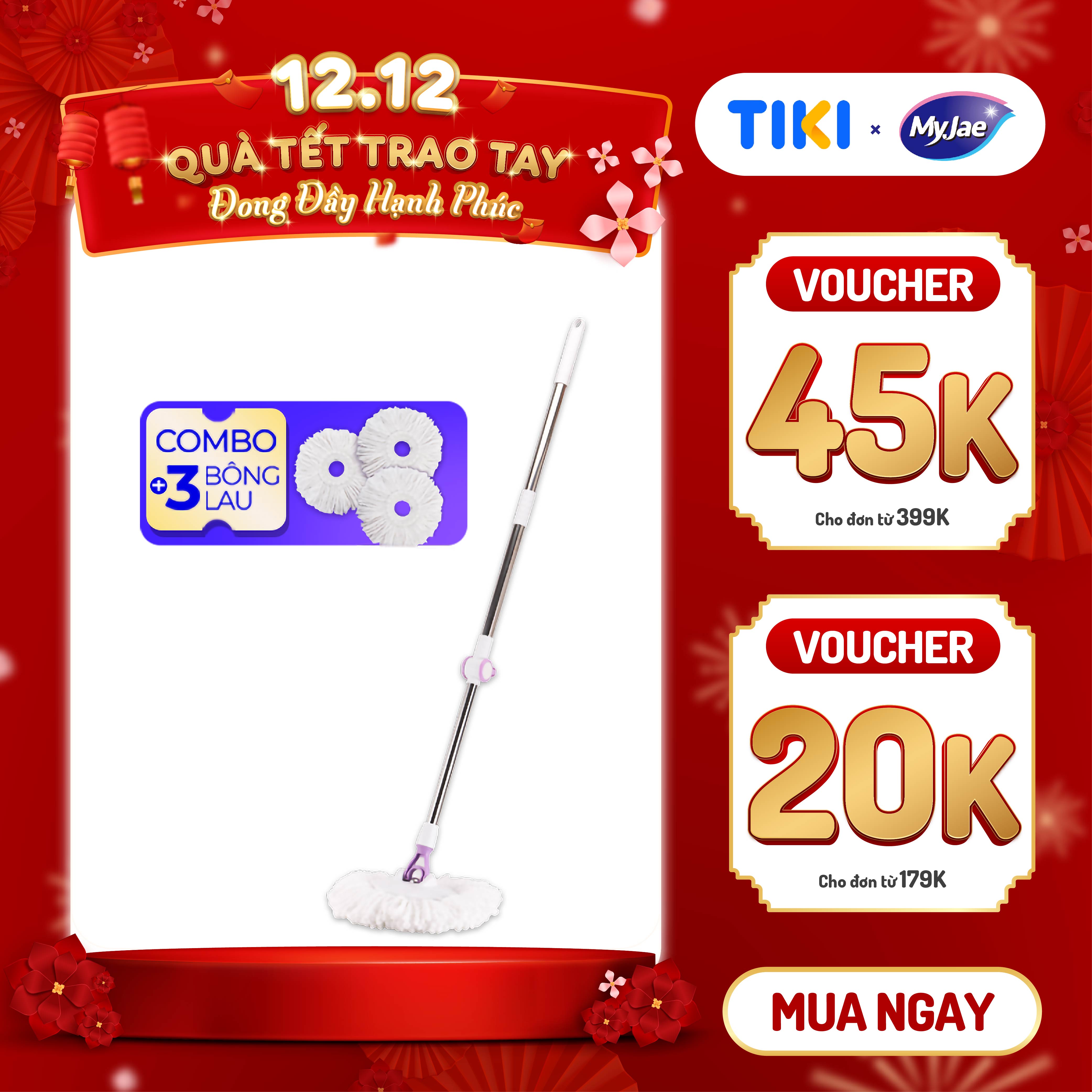 Combo 3 Bông Lau 1 Cây Lau Nhà Đơn Myjae Sợi Microfiber Xoay 360 Độ Phù Hợp Cho Nhiều Loại Thùng Lau 134Cm