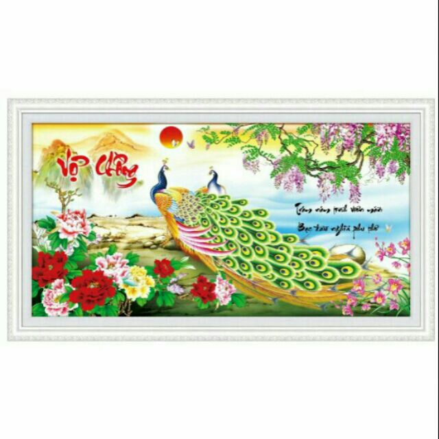 Tranh thêu chữ thập Vợ Chồng_Chim Công (82*40cm) chưa thêu