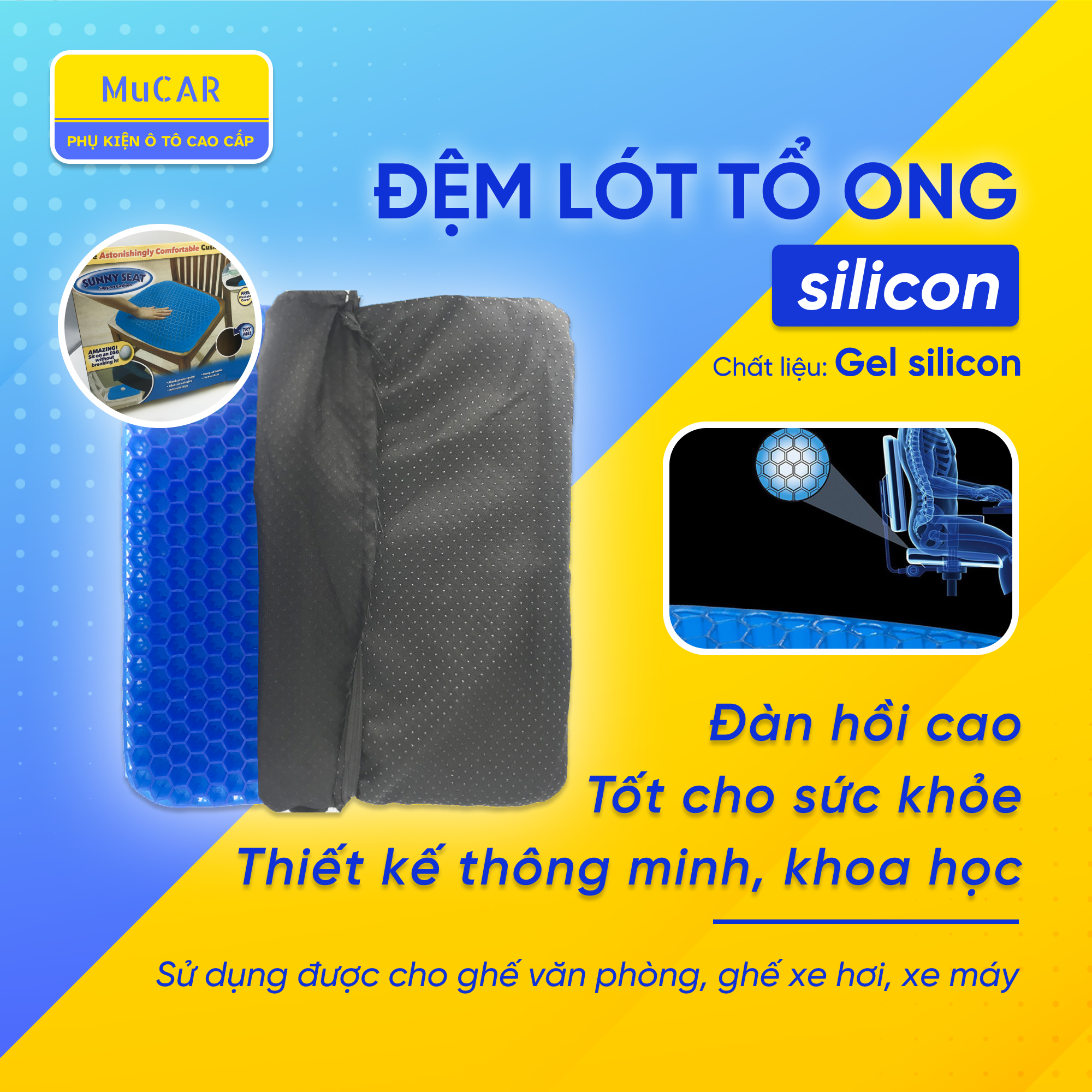 Đệm ngồi 3d thoáng khí lót mông chống đau mỏi silicon cao cấp 2 lớp lót ghế ngồi văn phòng