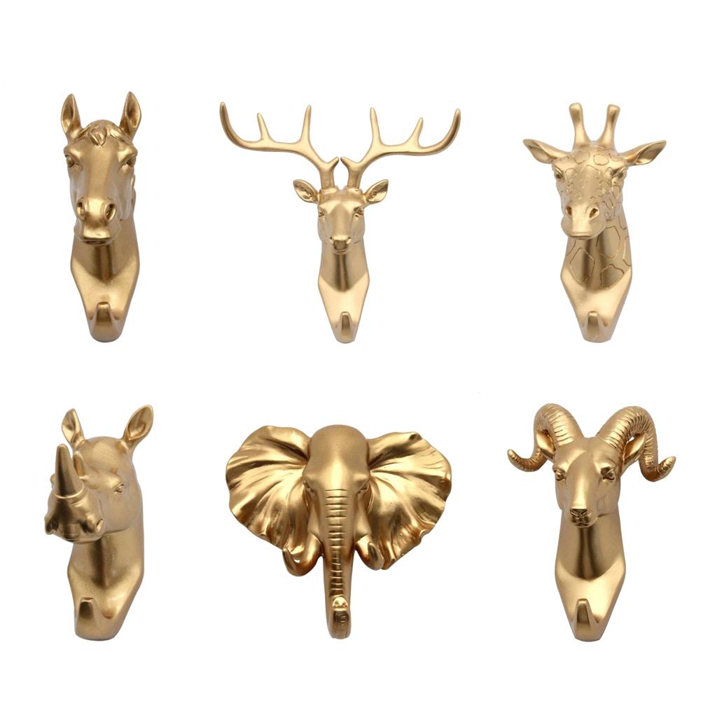 6Pcs Resin Animal Head Hook Key Hanger Rack Wall Mount Home Decor Gold