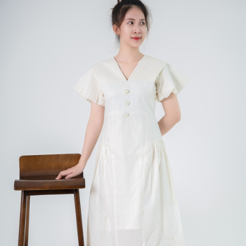 Đầm Kiểu Tay Phồng, Xếp Li Ngực Tối Giản Thanh Lịch Chất Liệu Linen Sợi Tự Nhiên