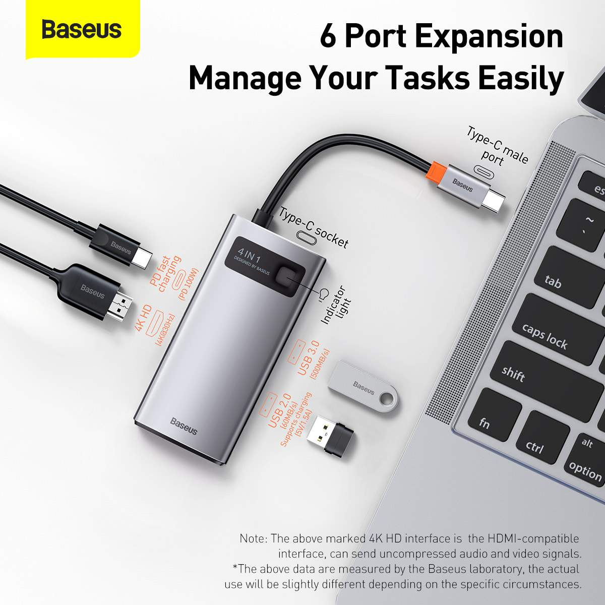 Hub chuyển đổi USB Type-C 6 in 1 sạc nhanh 100W ra 3 cổng USB 3.0, LAN RJ45, HDMI 4K hiệu Baseus Metal Gleam Series sạc nhanh chuẩn PD 3.0 cho Macbook / Laptop - hàng nhập khẩu