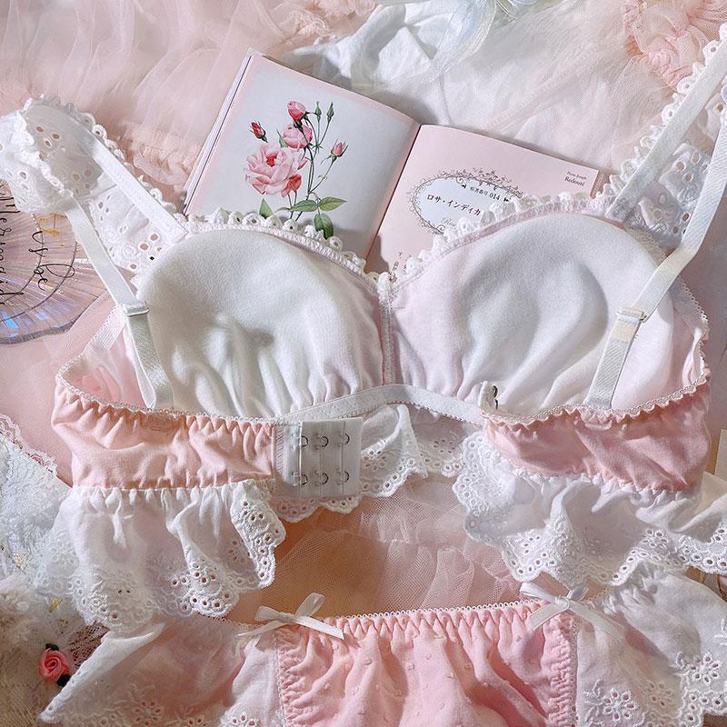 Lolita Kawaii Dễ Thương Ren Hoa Dây Hồng Áo Ngực Và Quần Bộ Quần Lót Nữ Pháp Retro Bông Thân Mật Cực Áo Ngực Mỏng quần Lót