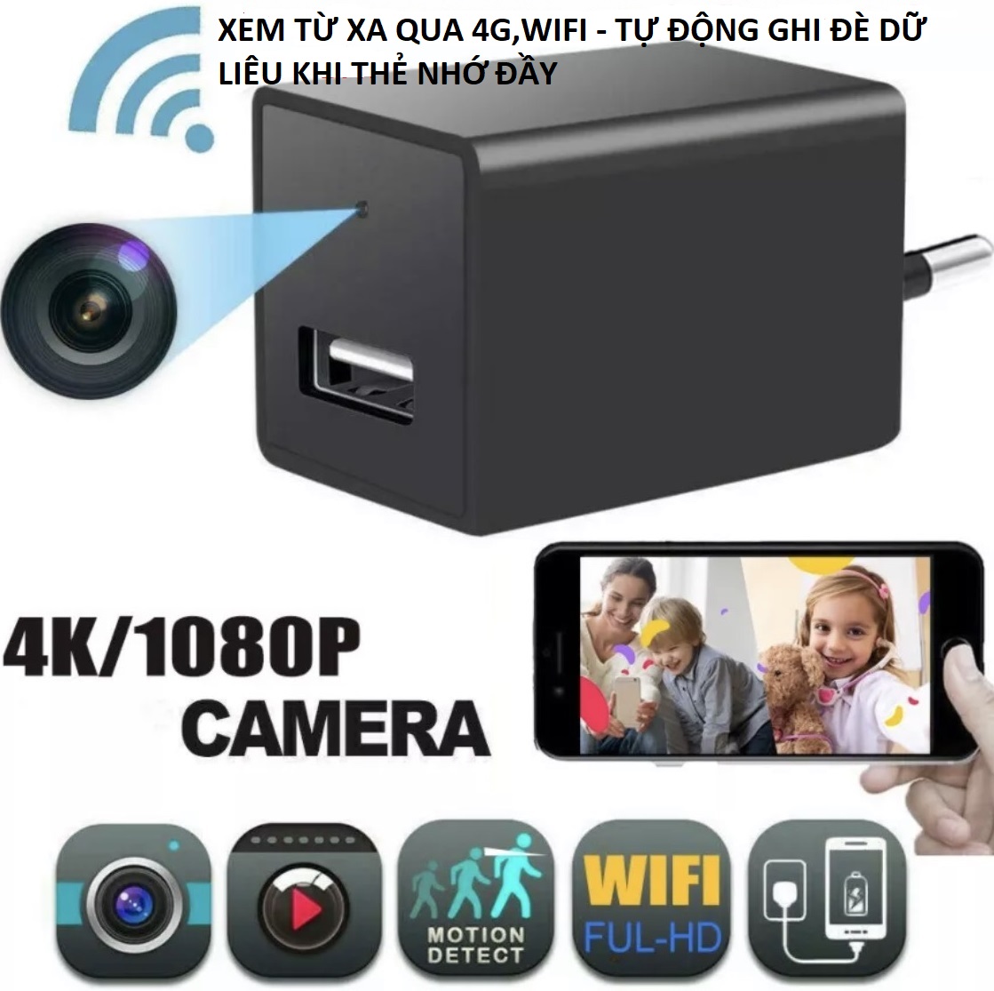 Camera mini Cục sạc. WiFi 4K FULLHD Kết nối điện thoại xem trực tiếp từ xa - Bảo hành 12 tháng