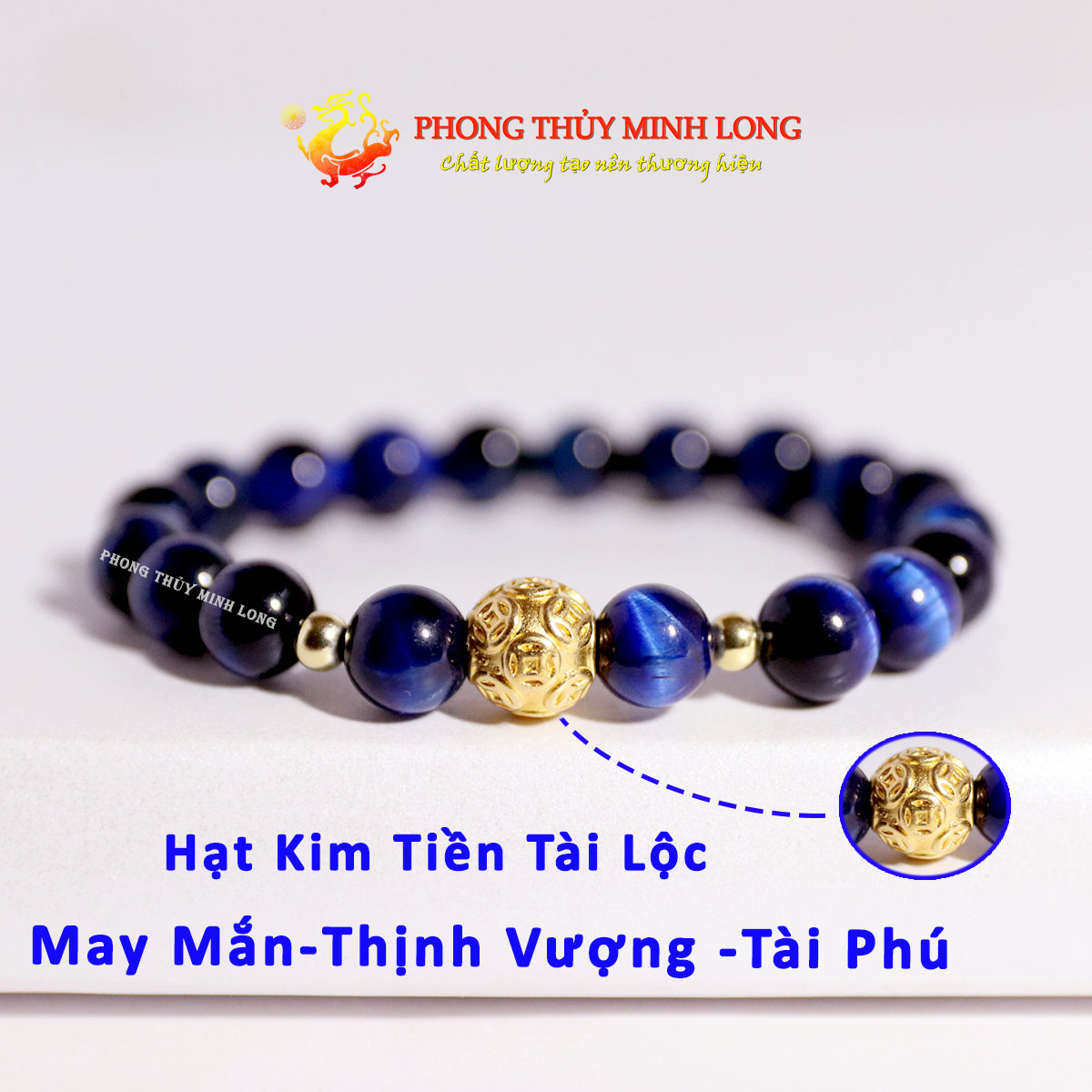 Vòng tay đá mắt hổ xanh dương đen mix hạt kim tiền vàng