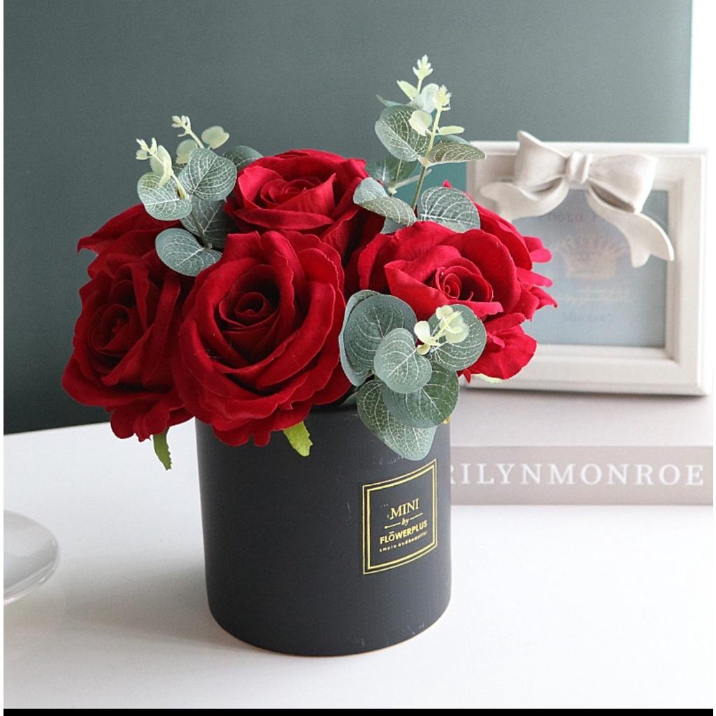 Hoa giả, lọ hoa hồng nhung mix đào đông 20cm đẹp để bàn trang trí phòng, làm hộp quà tặng người thân ý nghĩa HN-01