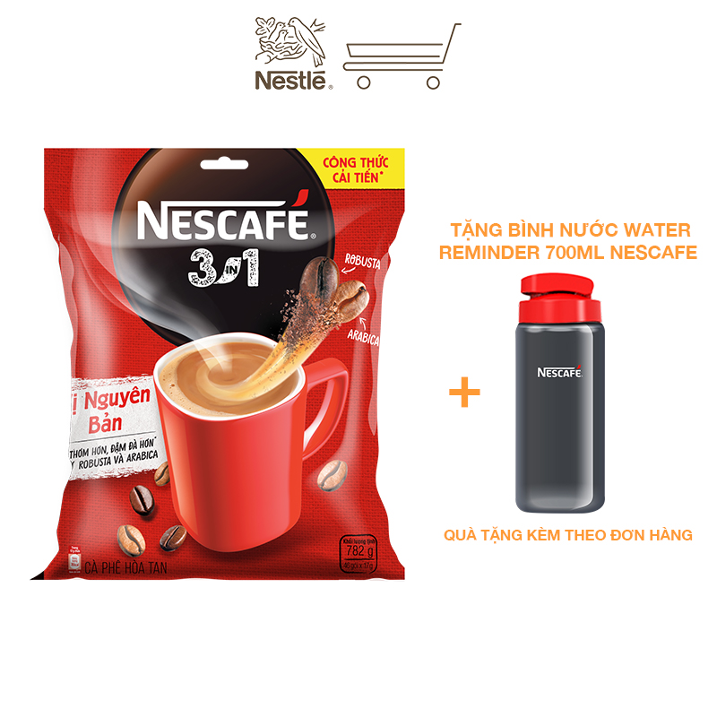 [Tặng bình nước Water Reminder 700ml] Cà phê hòa tan Nescafé 3in1 vị nguyên bản - công thức cải tiến (Bịch 46 gói)