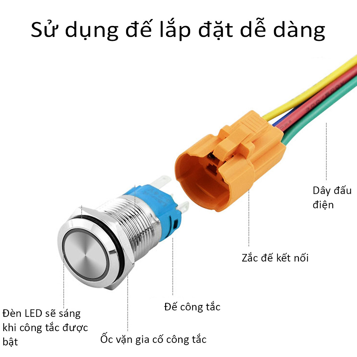 Nút nhấn Reset, Công tắc nhấn tự nhả 12mm (12-24V 110-220V) Có đèn LED, Vỏ INOX chống thấm nước