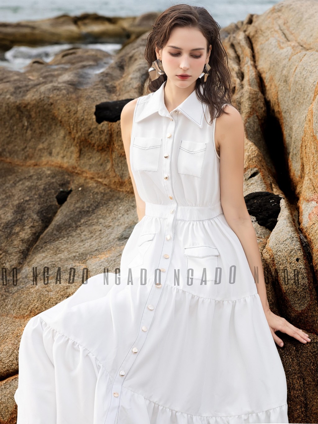 Đầm sơ mi trắng sát nách NGADO , đầm nữ , Đầm xòe vintage , Đầm dạo phố