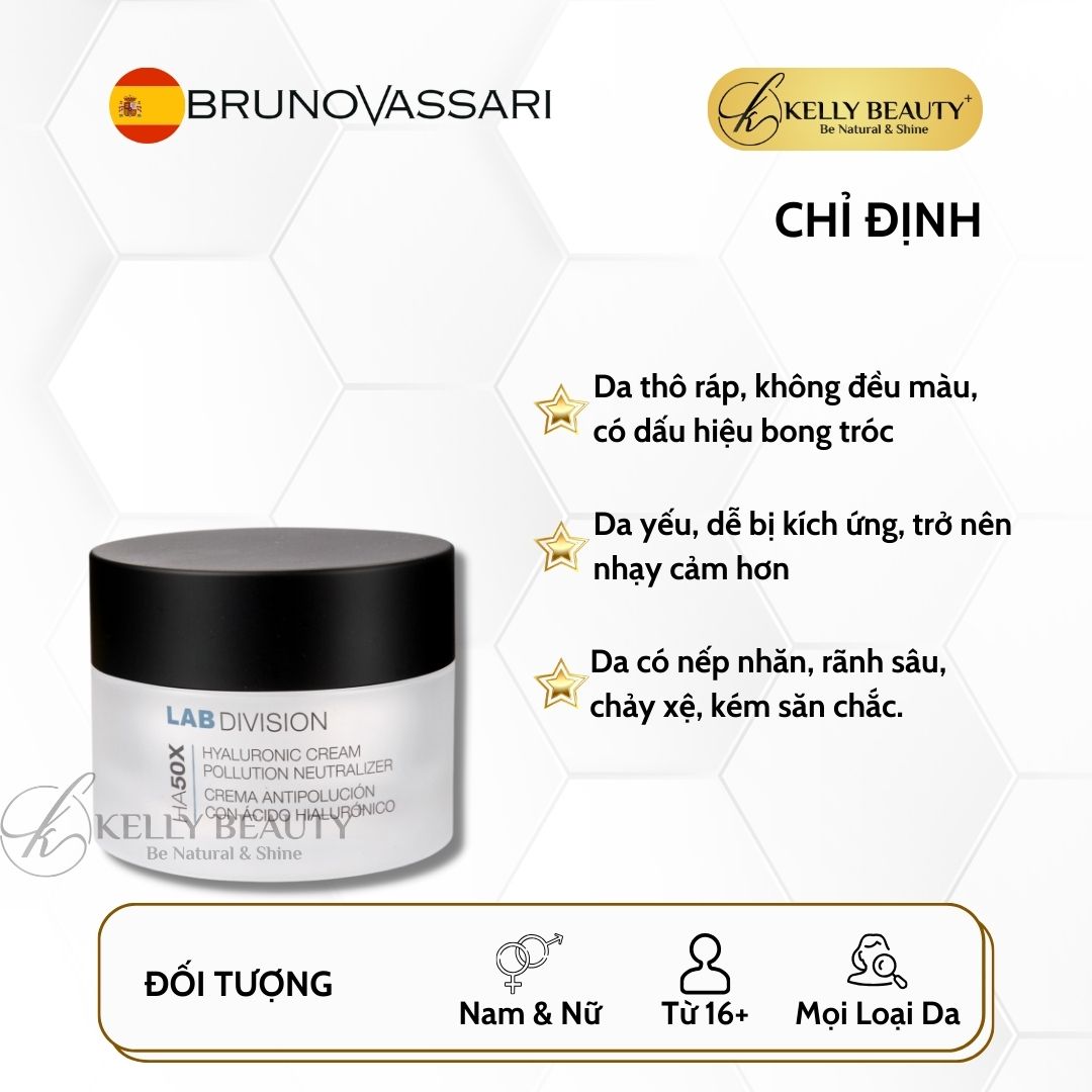 Kem Dưỡng Ẩm và Bảo Vệ Da Bruno Vassari HA50X Hyaluronic Cream Pollution Neutralizer | Kelly Beauty