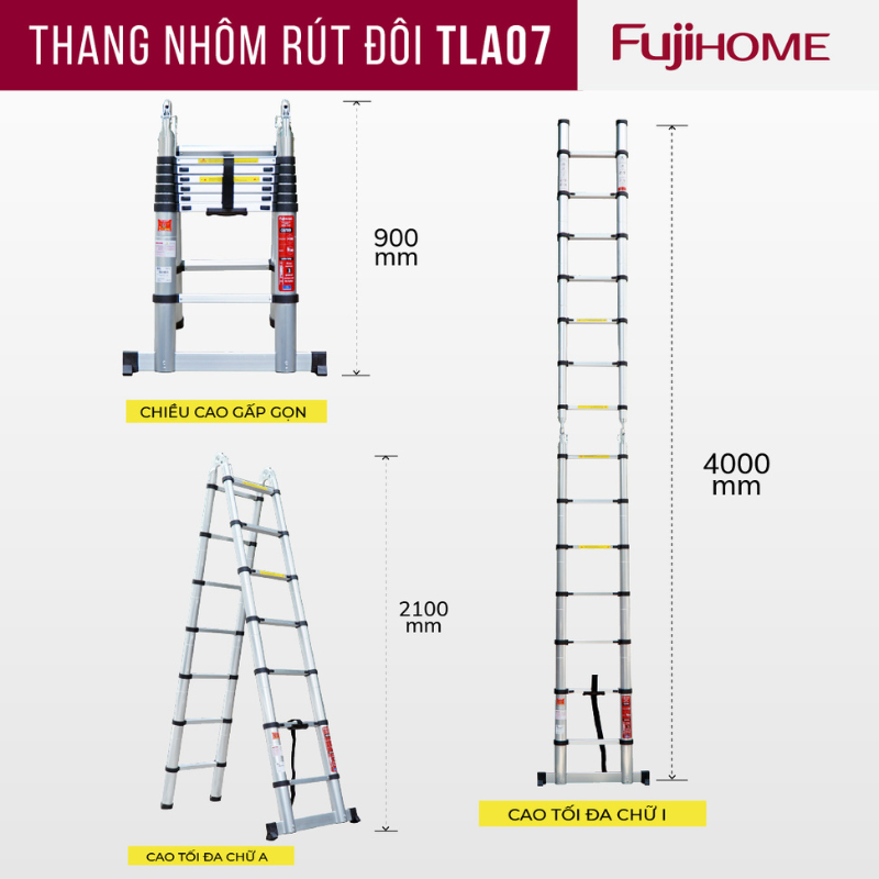 Thang nhôm FUJIHOME TLA08 rút gọn chữ A nhập khẩu, Chiều cao tối đa 5m, Đế cao su