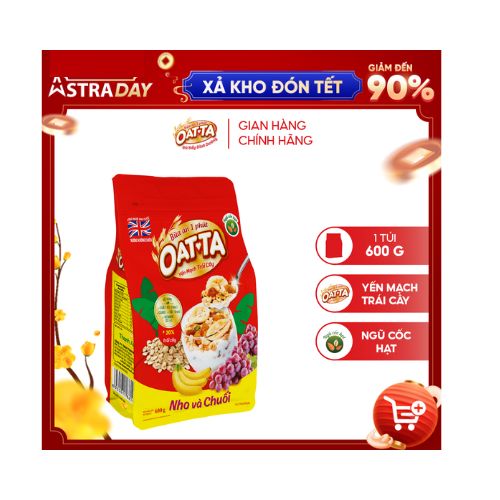 Yến Mạch Trái Cây Nho Chuối OATTA Thơm Ngon Giàu Chất Dinh Dưỡng Thể Ăn Liền Túi 600g