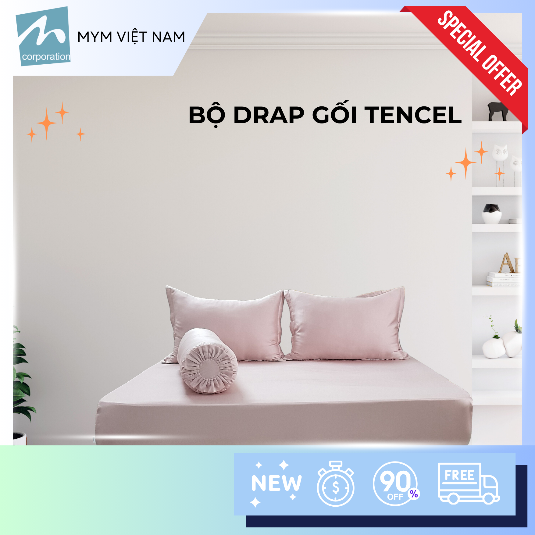 Bộ drap gối MYM chất liệu vải Tencel màu 180CM x 200CM x 30CM