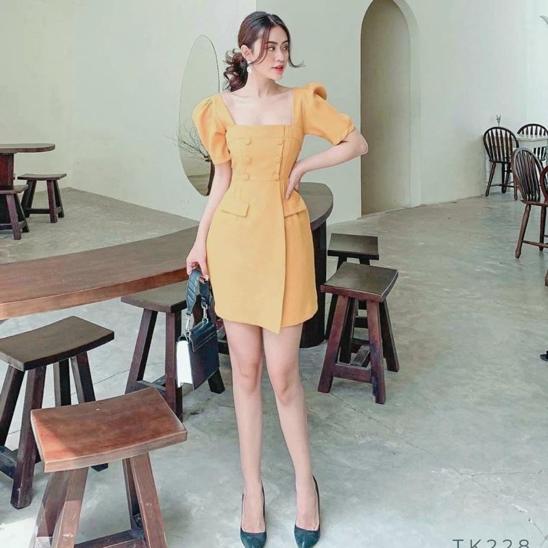 Đầm suông thời trang công sở form dáng chuẩn, dễ mặc dạo phố, đi làm hay du lịch đẹp Đầm cổ vuông nút bọc 2 màu