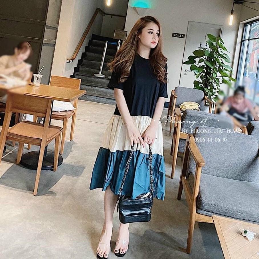 Đầm bầu cao cấp 3 tầngthiết kế sang chảnh mặc đi làm đi chơi đều đượcFree size 43~68kg