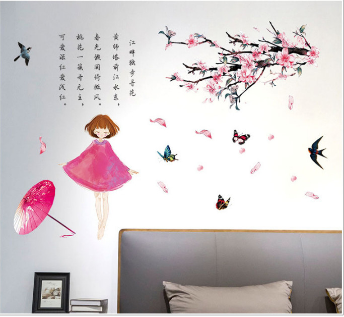 Decal dán tường cô gái hồng cành hoa đào thơ mộng