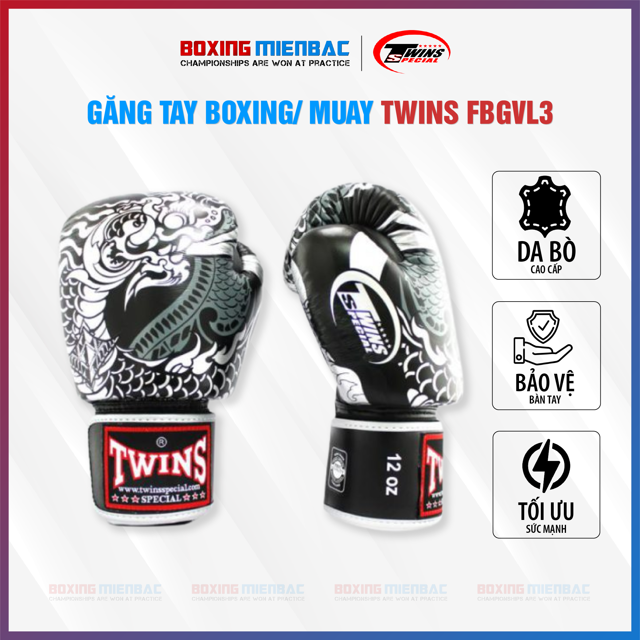 Găng Twins FBGVL3-52 RỒNG NAGAS SILVER/BLACK (Made in ThaiLand) - Boxing/ MuayThai/ Kickboxing Training