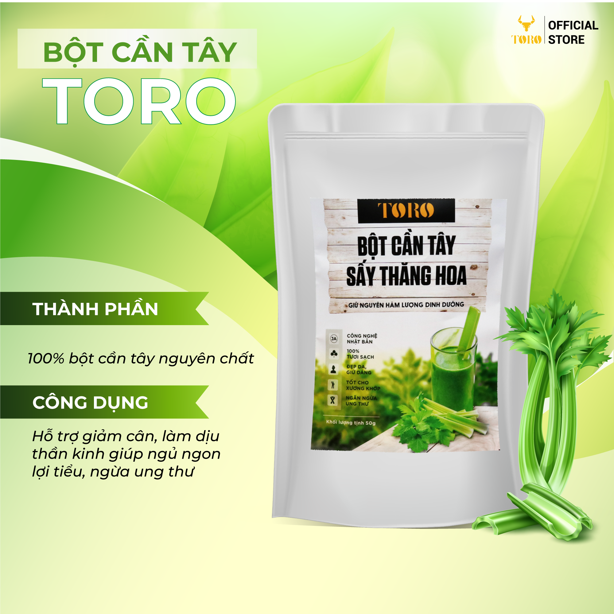 Bộ 2 Bột Cần Tây Sấy Lạnh Toro Nguyên Chất 100% | 50GR/Hũ | TORO FARM
