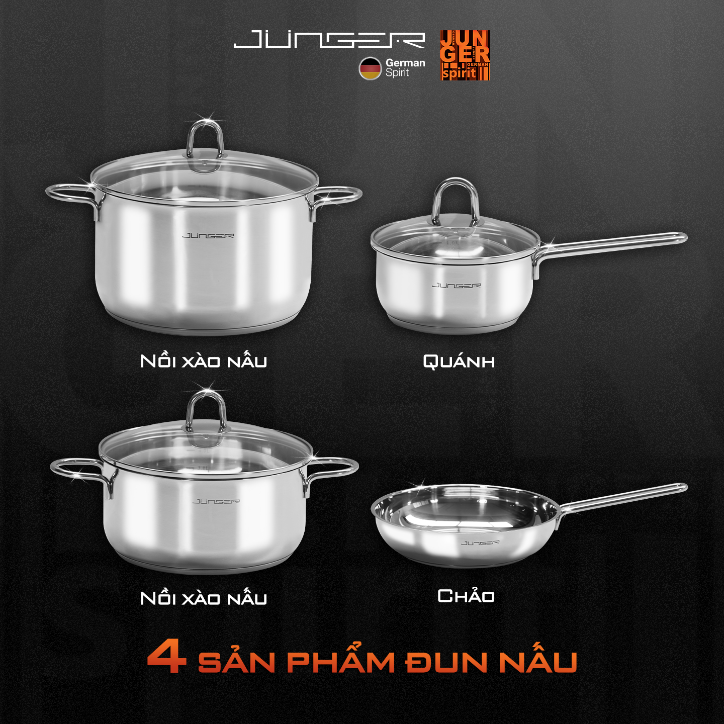 Bộ nồi inox 304 Junger JC-200 7 chi tiết Tay cầm cách nhiệt Hàng Chính Hãng Bảo Hành 12 Tháng