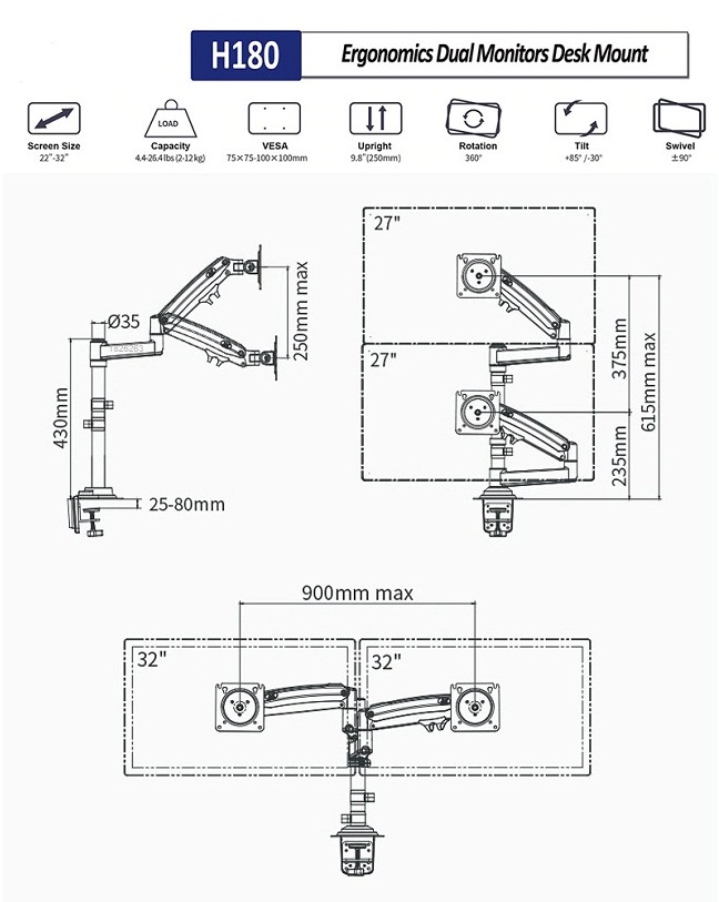 Giá treo 2 màn hình máy tính NB-H180 (Hàng Nhập Khẩu)