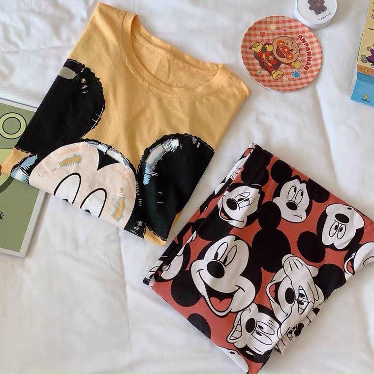 Set bộ đồ dành cho nữ, in hình chuột mickey dễ thương, áo cộc tay quần dài chất thun cotton mềm mại mát mẻ