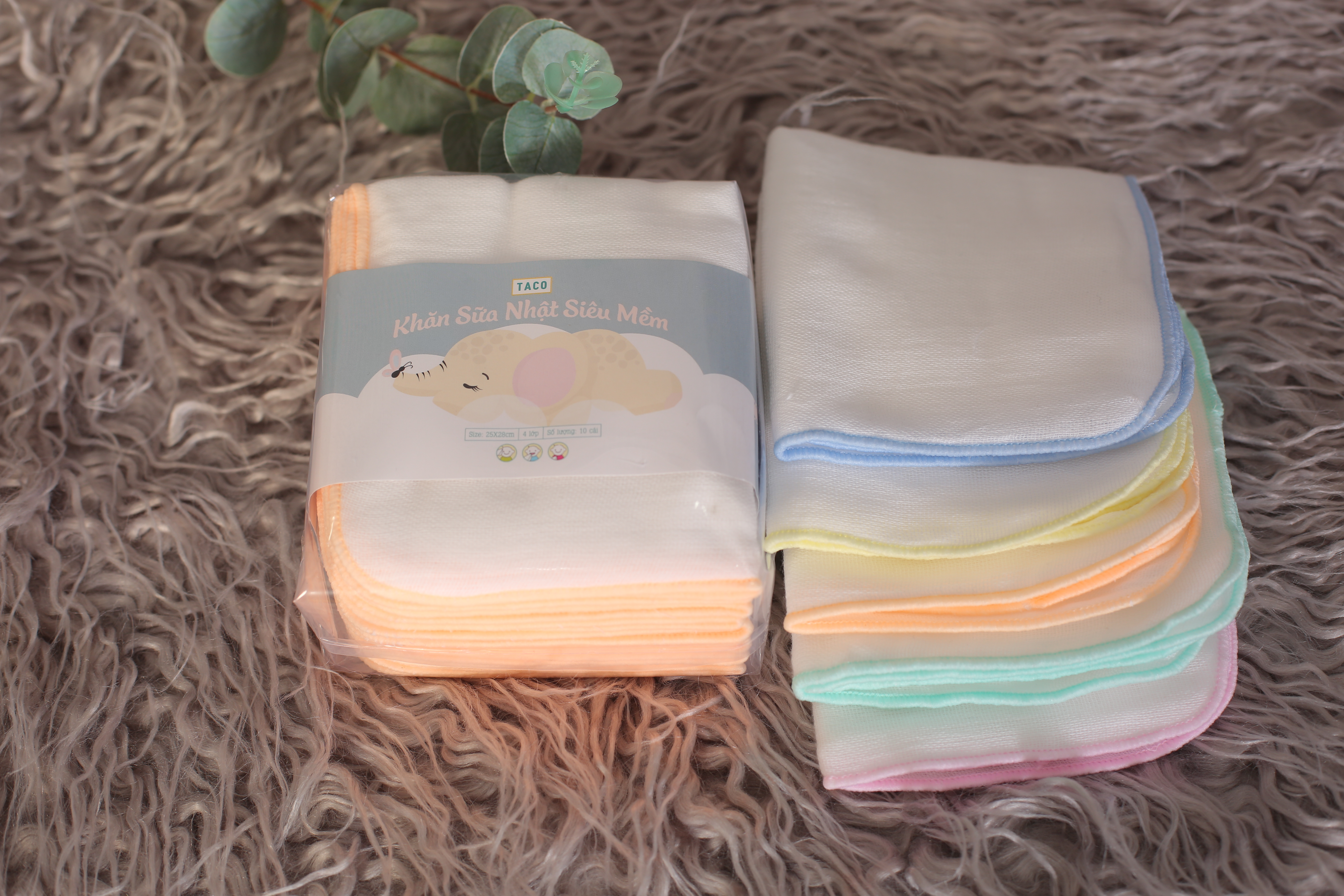 khăn sữa nhiệt siêu mềm 4 lớp, khăn xô, khăn gạc cho em bé - TACO ( Bịch 10 khăn )
