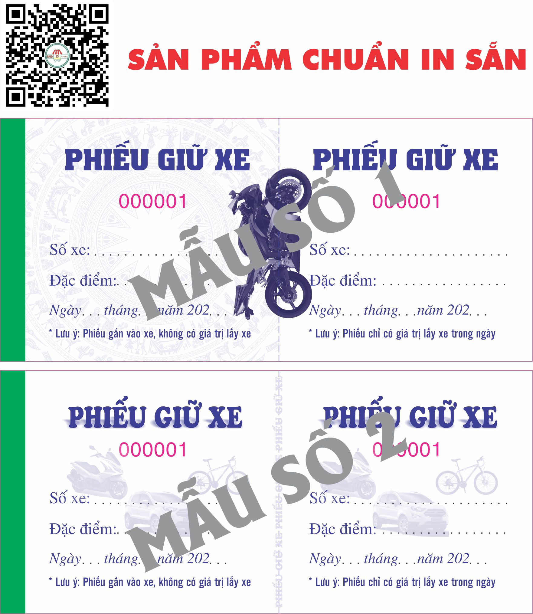 Phiếu giữ xe máy-xe ôtô-xe đạp in sẵn-block 10/50/100