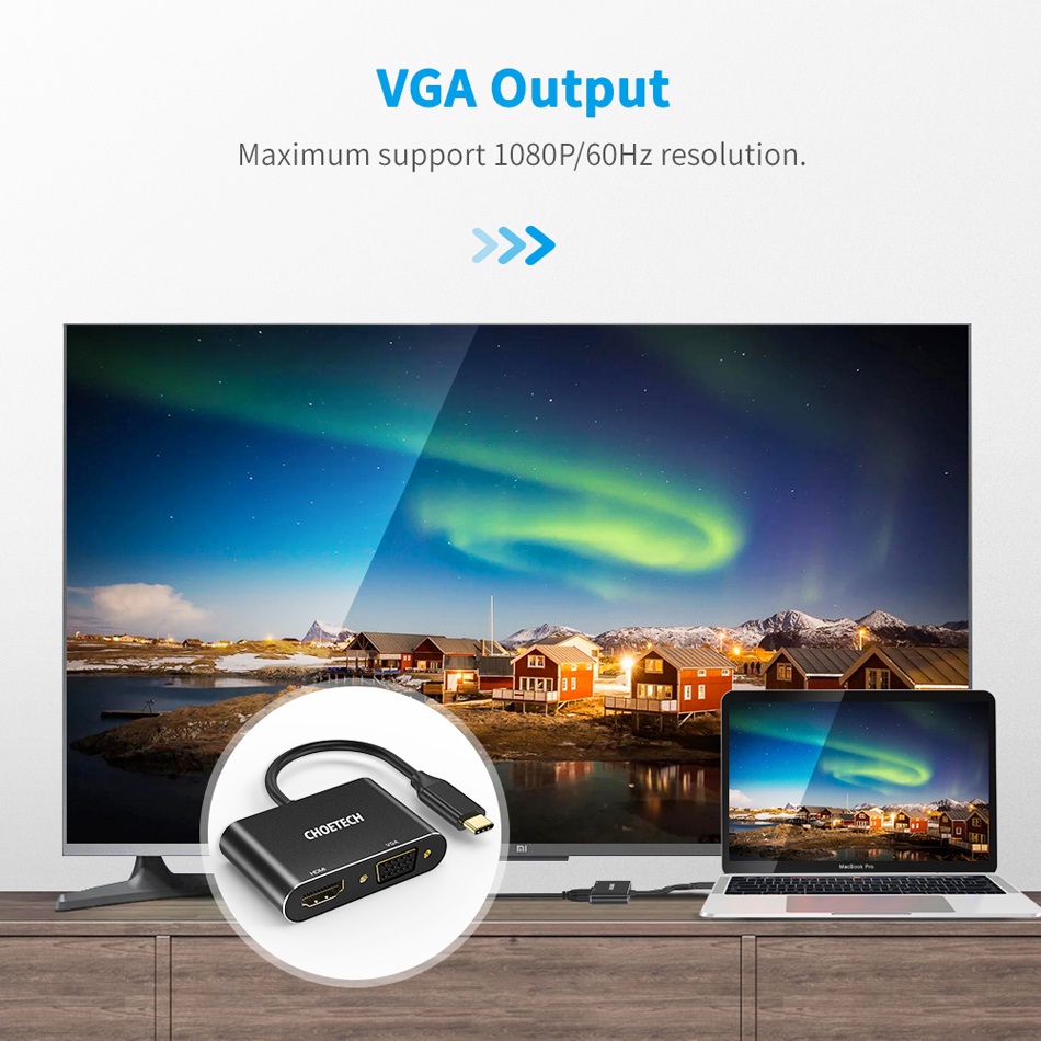 Hub chia cổng đa năng 2 in 1 Type-C thành cổng VGA Full HD &amp; cổng HDMI chuẩn 4K hiệu CHOETECH M07BK dành cho Macbook Pro / Smartphone  - Hàng chính hãng