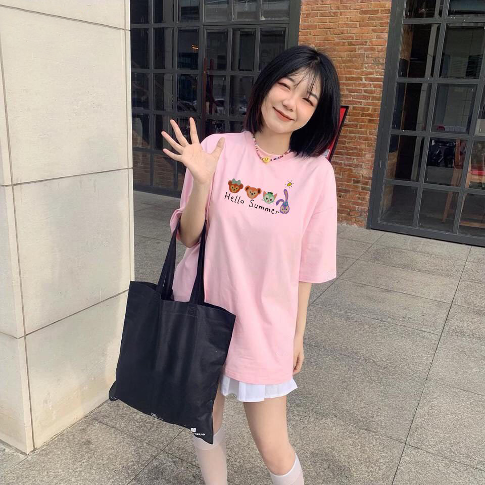 Áo Thun Nữ Tay Lỡ Màu Hồng In Icon Thú Cưng Hoạt Hình Hello Summer Local Brand DLX Áo Phông Nữ Đẹp