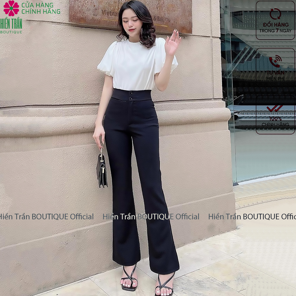 Quần ống rộng Hiền Trần BOUTIQUE lưng cạp cao 2 cúc baggy vải nữ dài suông loe culottes màu đen