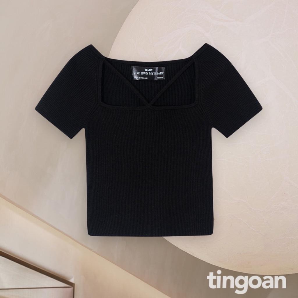 Áo len crop ngắn tay chéo dây đen tingoan MISSIN' U TOP/BL