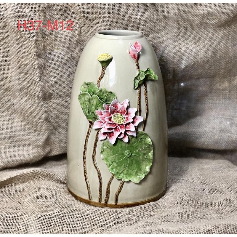Bình cắm hoa dáng chuông, men đá cổ, họa tiết đắp nổi thủ công. Gốm sứ Bát Tràng cao cấp.