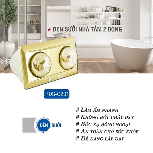 Đèn sưởi nhà tắm hồng ngoại chính hãng Roman - Đèn sưởi 2 bóng an toàn tốt cho sức khỏe dễ dàng lắp đặt RDS-G201